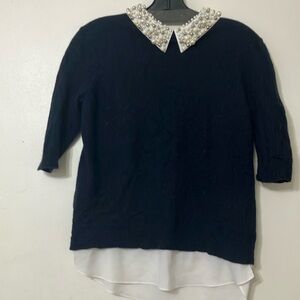 Elegant Navy Blue top with Pearl Collar